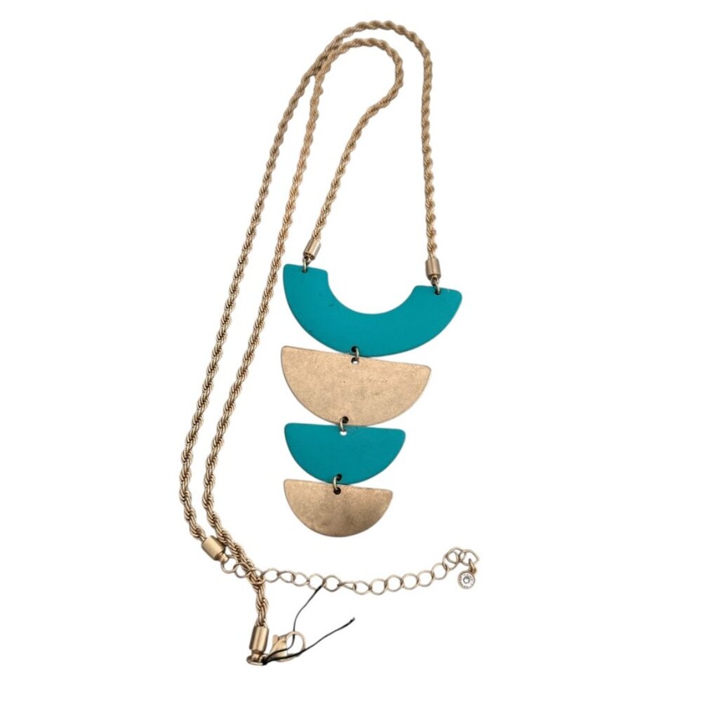 Half Moon Gold tone and Teal Metal Modernist Necklace Geometric